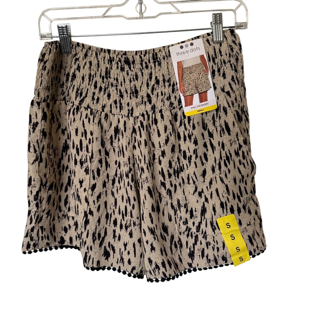 Three Dots Pull On Shorts Women Small Beige Black NWT Smocked Pom Pom Trim